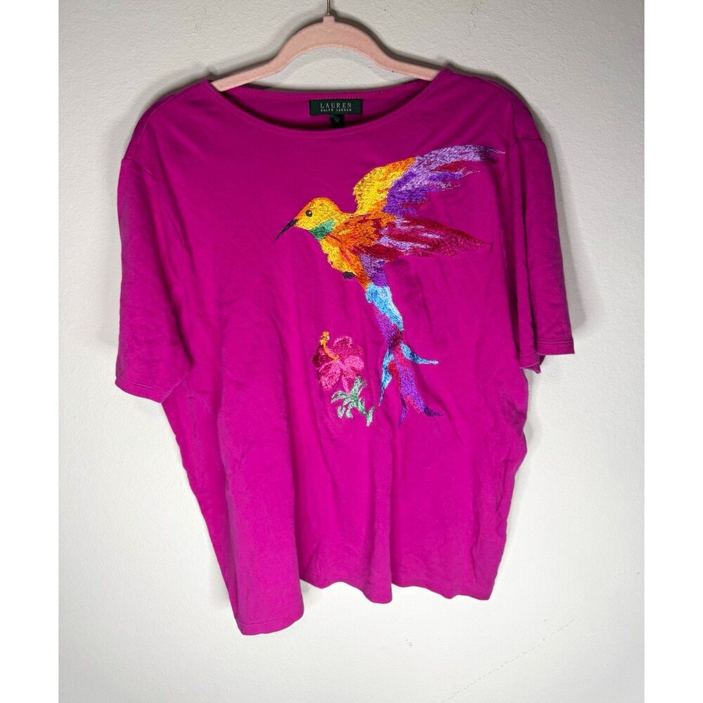 Lauren Ralph Lauren Womens Plus 2X Pink Knit Embroidered Bird Tee Short Sleeve